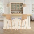 Vienna Modern Swivel Bar Height Stool with Grey Upholstered Seat and Patterned Oak Wood Frame Set of 4