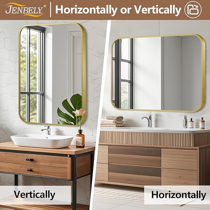 24x32 Inch Gold Mirror, Framed Rectangle Mirror with Rounded Corner, Brushed Brass Mirror, Gold Bathroom Mirror for Over Sink, Vanity, Living Room, Bedroom, Horizontal/Vertical