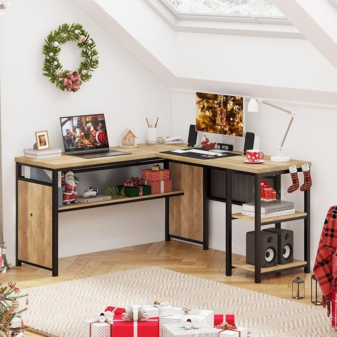 FATORRI L Shaped Computer Desk with Wood Shelves, Industrial Rustic Home Office Corner Desk with Metal Legs (Rustic Oak, 59 Inch)
