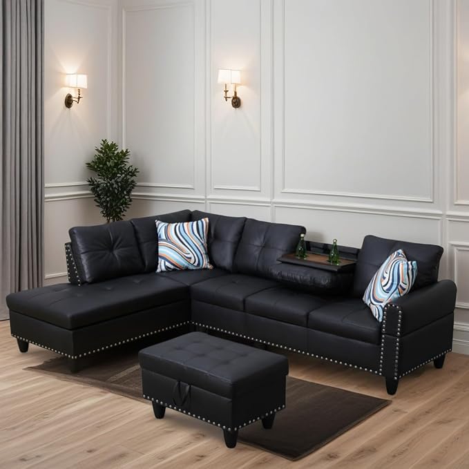 L Shaped Sectional Couches for Living Room, Modular 4 Seat Sofa with Ottoman Storage, Modern Couch with Chaise for Bedroom Apartment Furniture, Black