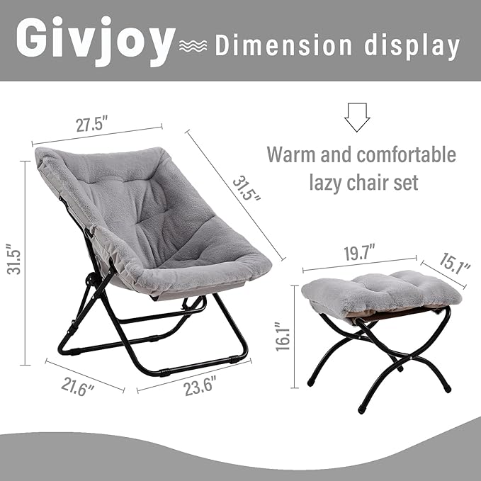 Comfy Folded Chair with Ottoman, Oversized Folding Faux Fur Chair Soft Furry Lounge Lazy Chair with Metal Frame Moon Chair Accent Chair for Bedroom, Living Room, Dorm Rooms