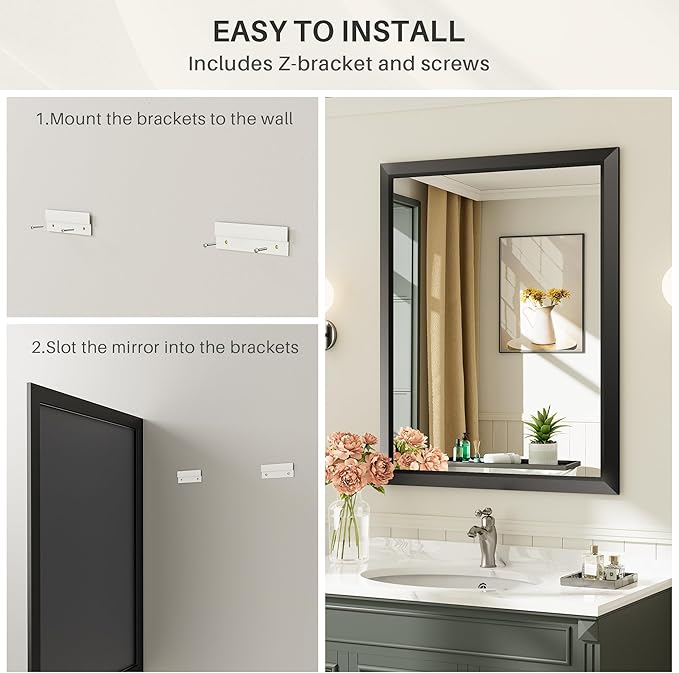 40x30 Inch Black Bathroom Mirror for Wall, Thick Metal Framed Rectangle Mirrors for Over Sink, Bedroom, Living Room, Entryway, Anti-Rust, HD Tempered Glass