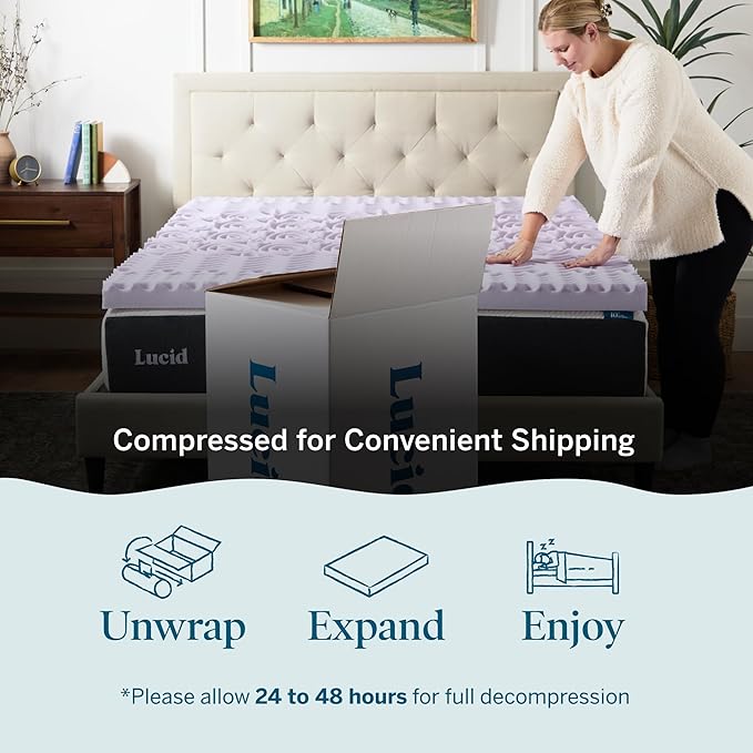 LUCID 3 Inch 5 Lavender Memory Foam Plush-Calming Targeted Convoluted Comfort Zones Mattress Topper, Full