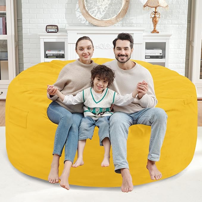 5FT Bean Bag Chair, Large Bean Bag Chairs with Memory Foam Filled, Fluffy Beanbag Sofa with Dutch Velvet Cover, Round BeanBag Chairs for Living Room, Playroom - Lemon