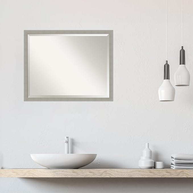Amanti Art Grey Wall Mirror 24x30 Woodgrain Stripe Grey Rectangle Bathroom Mirror for Wall Decor Living Room, Large Casual Wood Frame, Hangs Horizonally and Vertically, Bathroom Decor, Beveled Edge