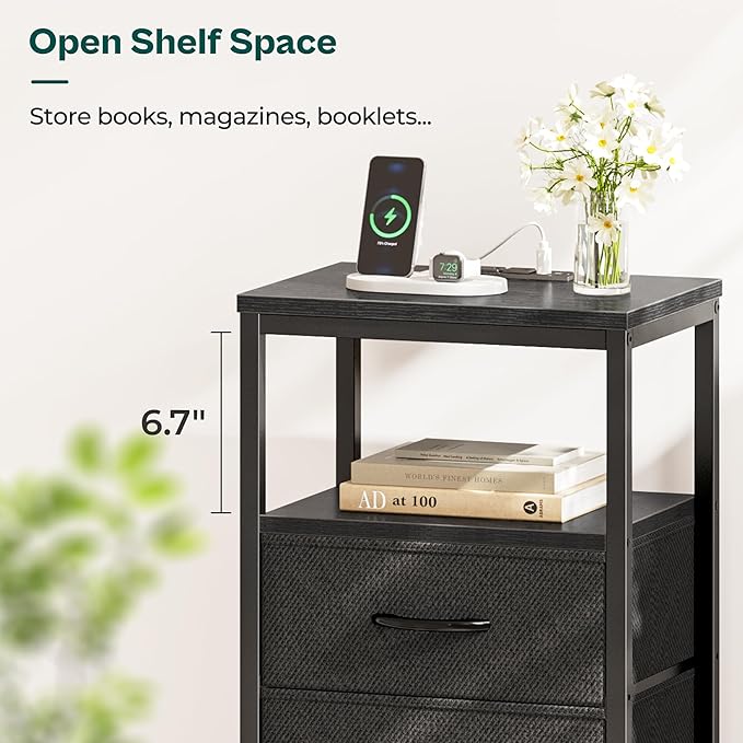 Huuger 5 Drawers Dresser with Charging Station, Dresser for Bedroom, Tall Night Stand, Chest of Drawers with Open Shelf, Bedside Table Nightstand, Fabric Storage Drawers, for Entryway, Black