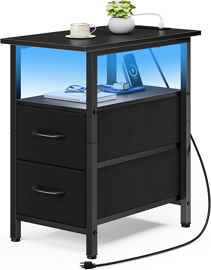 Vagusicc Black Nightstand with Charging Station and LED Lights, Narrow Side Table, LED Night Stand with 2 Fabric Drawers, Bedside Table with USB Ports and Outlets, Tall Nightstand for Bedroom, Black