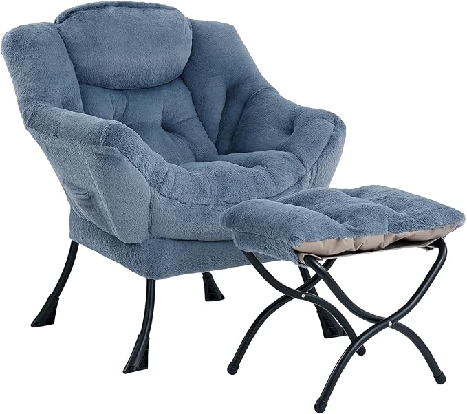 Cozy Lazy Chair and Ottoman, Large Contemporary Accent Lounge Chair Set, Leisure Upholstered Reading Armchair for Bedroom, Living Room, Dorm Rooms, Office