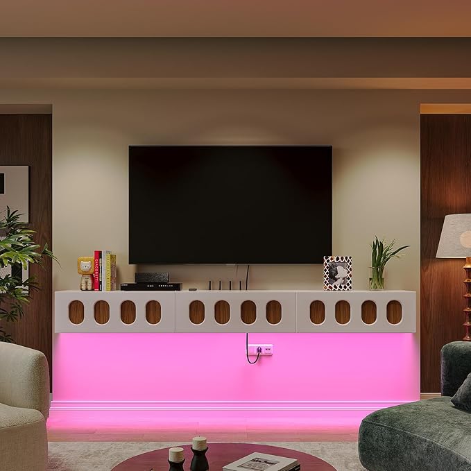 Floaticase Fully Assembled Floating TV Stand, 55IN High Gloss Wall Mounted Entertainment Center with Flip-Down Doors & Drawers, TV Console Under TV Shelf for Bedroom Livingroom