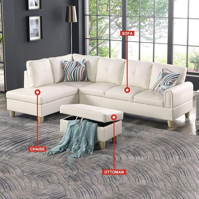 Pearl White L-Shaped 3-Piece Faux Leather Sofa with Storage Ottoman Set, Sectional Couch Sofa Set for Living Room, Office, Small Space