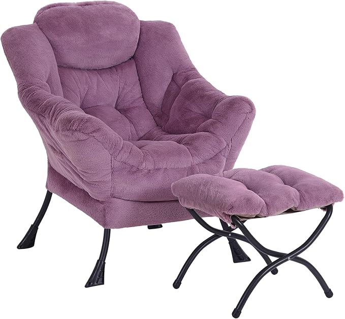 Lazy Chair with Ottoman, Modern Accent Chair Contemporary Lounge Leisure Sofa Chair with Armrests, Reading Chair and Folding Footstool Set for Living Room, Bedroom, Office