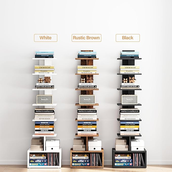 TUTOTAK Narrow Bookshelf, Vertical 8-Tier Bookcase, Spine Book Shelf for Small Space, Small Standing Shelf for Living Room, Office, Study, Entryway, White BS07BW008