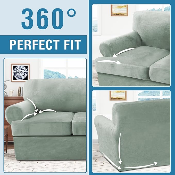 H.VERSAILTEX Sofa Cover 2 Piece T Cushion Armchair Slipcovers Thick Velvet Couch Cover Stretch T Cushion Sofa Covers for 1 Cushion Couch with 1 Individual T Cushion Covers Washable, Sea Grass