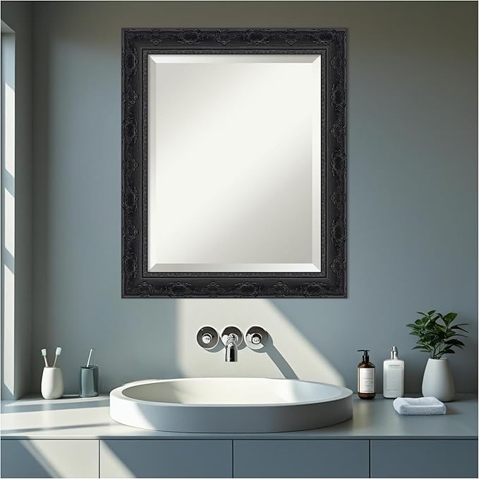 Amanti Art Bathroom Mirror for Over Sink, 25x21 Filigree Gloss Black Rectangle Vanity Mirror, Small Traditional Frame, Hangs Horizonally and Vertically, Bathroom Wall Decor, Beveled Edge