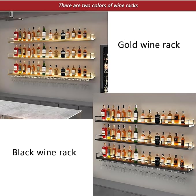 71in Wall-Mounted Metal Wine Rack with LED Lights 3-Tier Floating Bar Shelves with Wine Glass Rack Large Wine Bottle Display Rack Hanging Shelf, for Home Bar Dining Room Decorative (black, 180cm/71in)