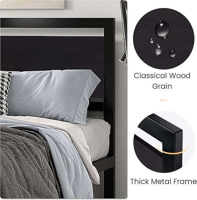 SHA CERLIN Queen Size Bed Frame with Modern Headboard, Heavy Duty Platform Metal Base with Square Footboard and 13 Strong Slats Support, No Box Spring Needed, Black