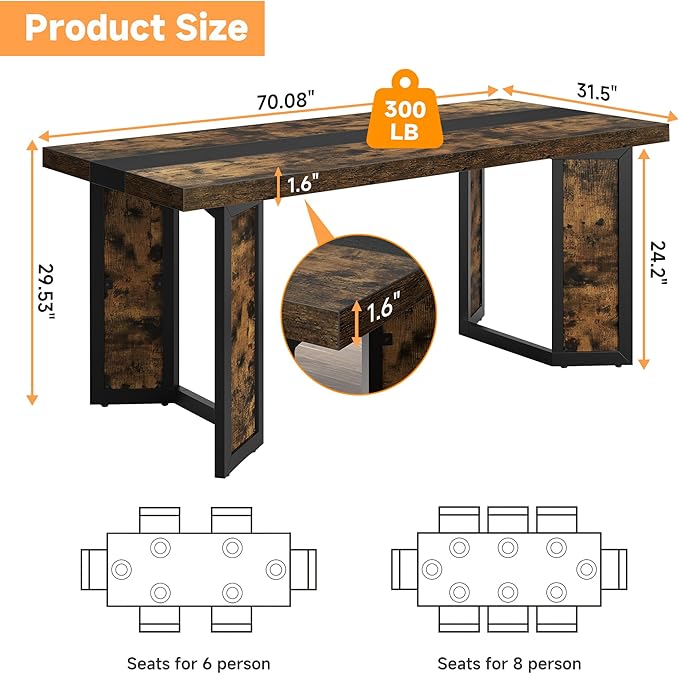 Industrial Dining Table for 6-8 People, 71" Large Long Wooden Kitchen Table with Sturdy Metal Frame & Brown Finish, Rustic Style Rectangular Dinner Table for Dining Room, Kitchen (Vintage Brown)
