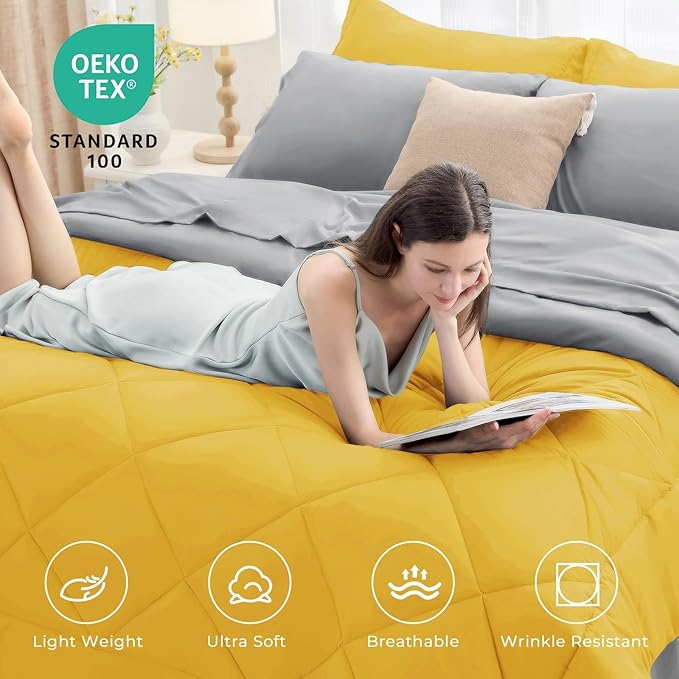 HEVUMYI Twin Comforter Set - 5-Piece All Season Bed in a Bag Twin, Ultra Soft Bedding Set with Comforter, Flat Sheet, Fitted Sheet, Pillowcases, Pillow Shams, Yellow & Light Grey
