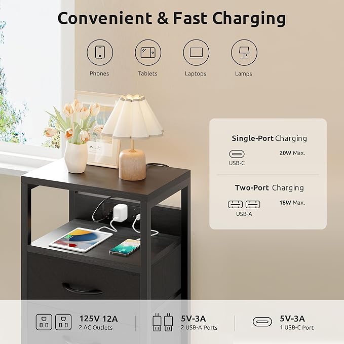 NightStand Bedside Charging Table Bedroom - Night Stand with Charger Station, Black Modern Bed Side End Table with Open Shelf & 3 Fabric Drawers, USB-C USB Ports & AC Outlets for Dorm, Living Room
