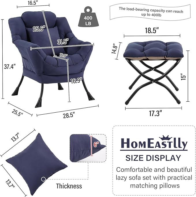 Large Lazy Chair with Ottoman, Accent Reading Chair with a Throw Pillow, Cozy Lounge Chair with Armrest, Leisure Sofa Chair for Living Room, Bedroom, Dorm, Peach Navy