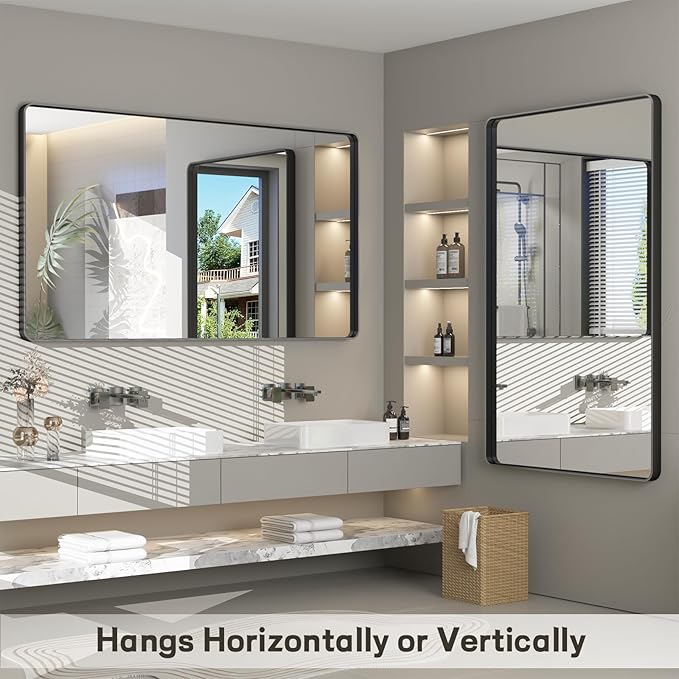 48x32 Inch Black Framed Bathroom Mirror for Wall, Matte Metal Framed Wall Mirror, Rounded Corner Rectangle Bathroom Vanity Mirror, Anti-Rust, Shatterproof (Horizontal/Vertical)
