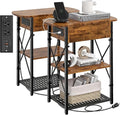 Narrow Side Table with Charging Station, End Tables Set of 2 for Small Spaces, Flip Top End Table with Storage, End Tables Living Room, Nightstand Set 2 with Drawer for Bedroom, Brown