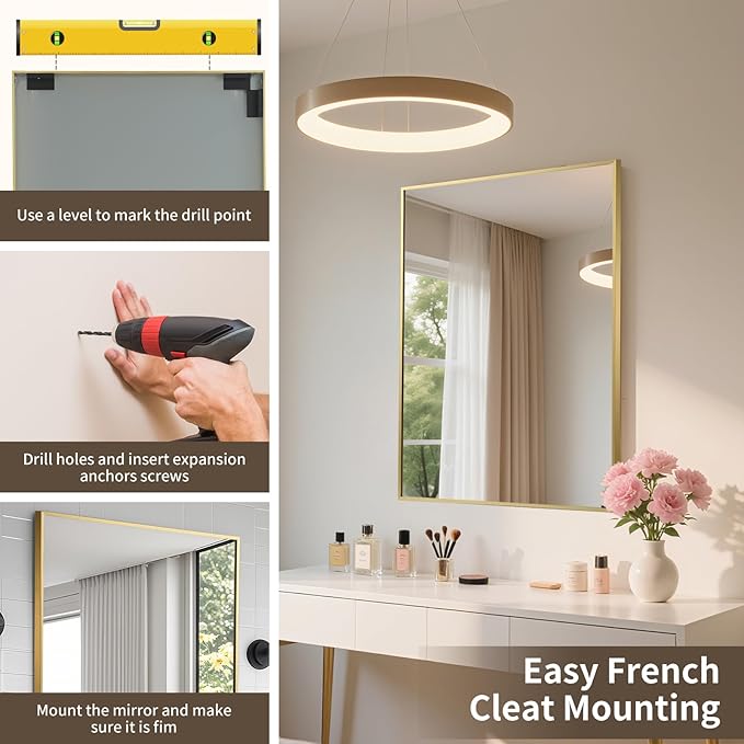 Brushed Gold Mirror, 30x36 Inch Aluminum Framed Rectangle Mirror, Anti-Rust, Tempered Glass, Square Corner Wall Mirror for Over Sink, Vanity, Bedroom, Entryway, Horizontal/Vertical