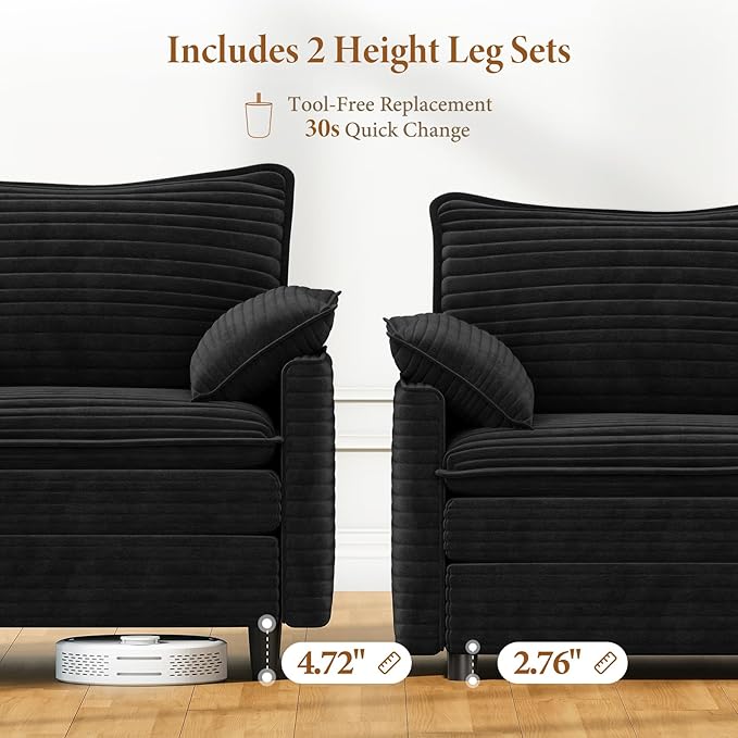 Vesgantti Large Modular Sectional Sofa, Big Comfy Cloud Couch with Ottoman Deep Seat Corduroy Cloud Sofa, 9 Seater Large Sectional Couches for Living Room, Bedroom and Apartment, Black