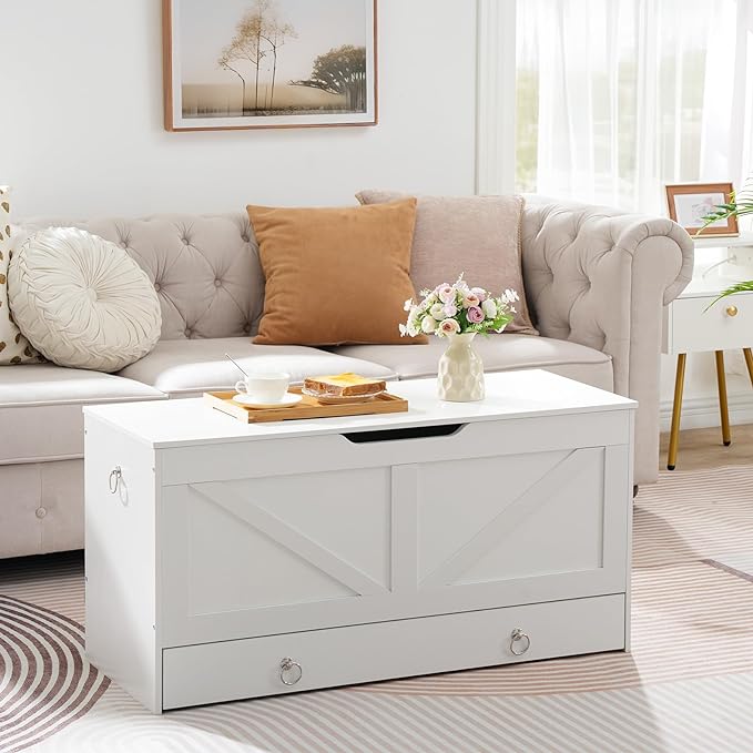 HOOBRO Storage Chest, 39.3" Toy Chest with Drawer, Wooden Storage Bench, Sturdy Entryway Bench Supports 220 lb, Shoe Bench, Safety Hinge, U-Shaped Opening, Easy Assembly, White WT710CW01G1