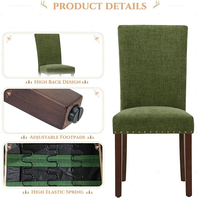 Parsons Dining Chairs Set of 4, Upholstered Nailhead Dining Room Kitchen Side Chair with Thick Cushions and Wood Legs, Green