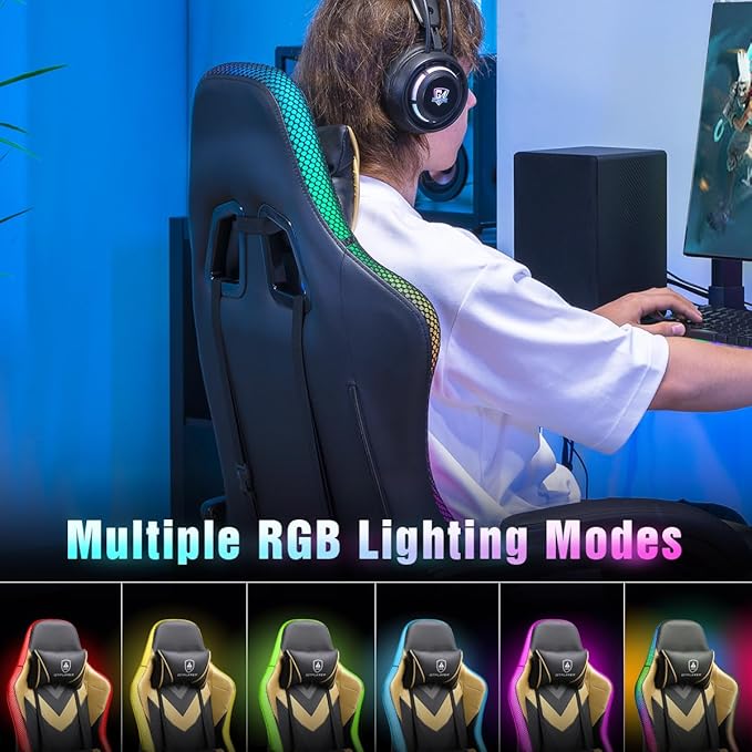 GTPLAYER Gaming Chair, RGB Gaming Chairs with LED Lights, Video Gaming Chair for Adults, Ergonomic Computer Gaming Chair with Linkage Armrest, Reclining Chair with Headrest (Without Massage, Yellow)