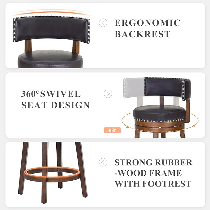 COLAMY Swivel Bar Stool, Modern Swivel Barstool with Back, Counter Height Bar Stools, 25 Inch Upholstered Wood Barstool for Kitchen Island Dining Room Bar, Dark Brown