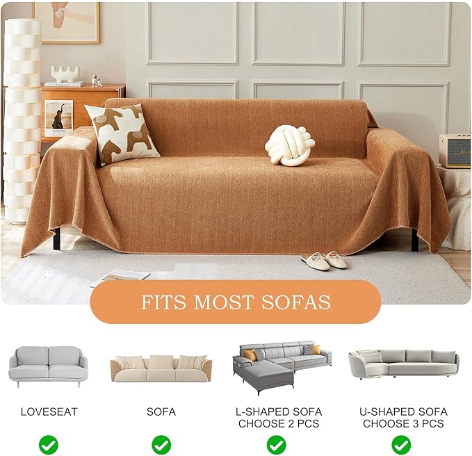 STACYPIK Dark Orange Sofa Cover for Dog Soft Chenille Couch Cover Boho Furniture Protector for 3 Cushion Couch Lovetseat Futon Cover Pumpkin Couch Cover Pet-Friendly Multi-Use Sofa Slipcover-91X118IN