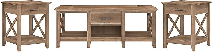 Bush Furniture Key West Coffee Table with Set of 2 End Tables in Reclaimed Pine