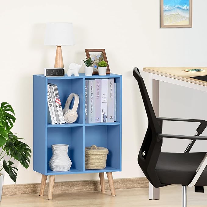 YAHARBO 4 Cube Bookshelf, Blue Small Kids Book Shelf with Cubby Storage,Wooden Modern Bookcase with Legs,2 Tier Freestanding Display Book Case Organizer,Bookshelves for Office,Nursery,Playroom