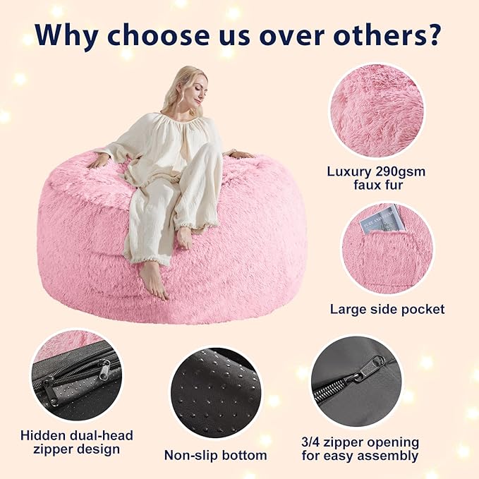 Fluffy Bean Bag for Stuffed Animals Storage, Faux Fur Washable Bean Bag Chair Cover(No Filler) for Textile Plush Toys, Beanbag Chair Cover for Adults Kids Teens, 7FT, Pink
