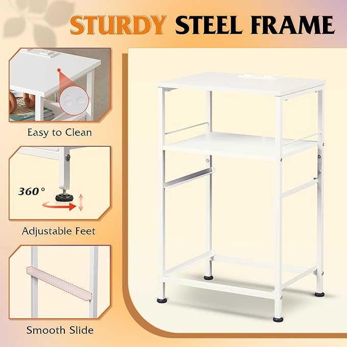 WLIVE Night Stand with Charger Station, White Nightstand with 2 Fabric Drawers, Bedside Table, Small Dresser for Bedroom, Side Table with USB Ports and Outlets