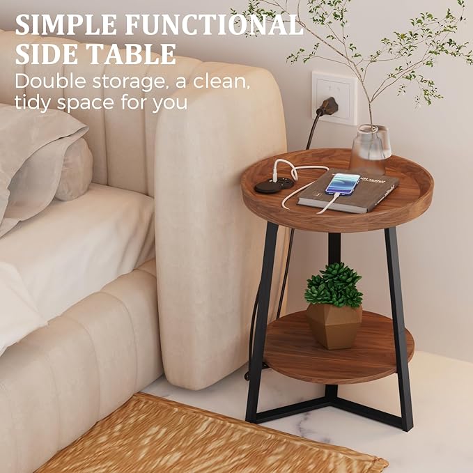 Gadroad Round End Table with Charging Station, USB Ports, Wood Tabletop & Black Metal Frame, 2-Tier Side Table for Living Room, Bedroom, Brown 15.7 * 15.7 * 23.0inches
