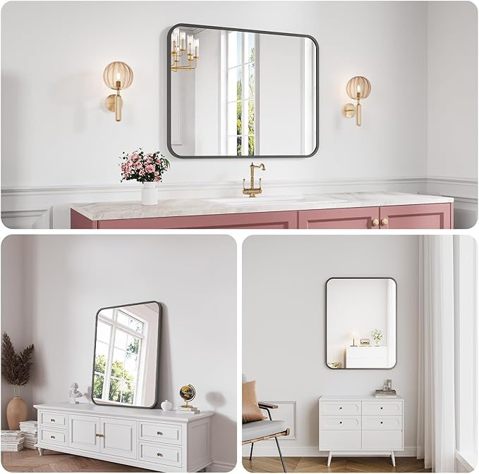 Bathroom Mirror, 28X32 Inch Black Metal Framed Mirror for Bathroom, Tempered Glass, Anti-Rust, Rounded Rectangle Mirror for Restroom, Bedroom, Black
