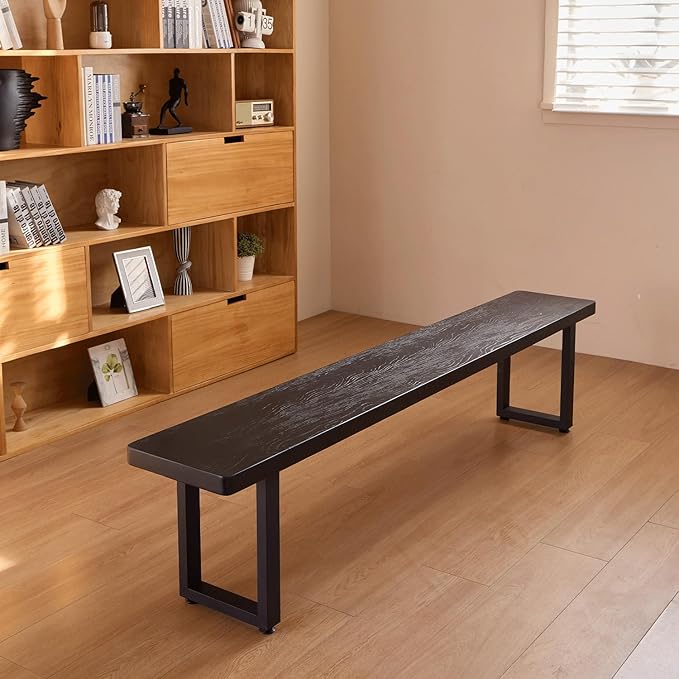 Modern Solid Wood Dining Table with Metal Base Stylish Durable Dining Room Table in Black Multiple Sizes Home Use Office Desk (Bench Black, 78.74in)