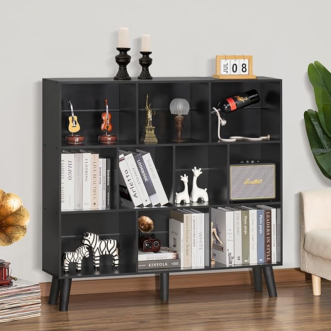YAHARBO 10 Cube Bookshelf,3 Tier Bookcase with Legs,Black Mid-Century Modern Bookshelves,Large Free Standing Open Storage Organizer Shelf,Tall Wooden Book Case Furniture for Bedroom,Living Room,Office