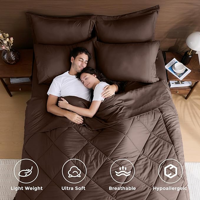 HEVUMYI Brown King Comforter Set - 7-Piece All Season Bed in a Bag King, Ultra Soft Bedding Set with Comforter, Flat Sheet, Fitted Sheet, Pillowcases, Pillow Shams
