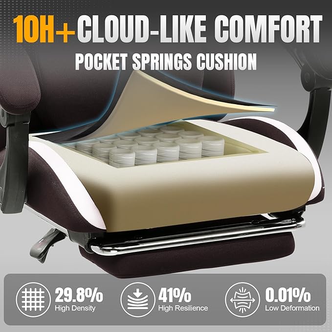 GTRACING Gaming Chair with Foot Rest & Pocket Spring Cushion, Breathable Fabric for Home Office Desk, Ergonomic High Back Computer Chair with Headrest & Lumbar Support, Brown