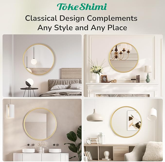 TokeShimi 18 in Brushed Gold Wall Mirror Framed Round Bathroom Mirror for Over Sink Shatterproof, 18 x 18 Farmhouse Mirror Circle Metal Wall Mirrored for Living Room, Entryway, Bedroom, Vanity