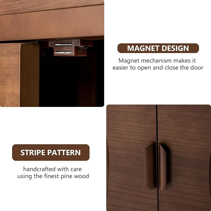 COSIEST Set of 3 30" Storage Sideboards with Doors, Accent Cabinets with Magnetic Push-to-Open Doors, Brown Line Pattern, Entryway Console for Living Room, Kitchen, Hallway
