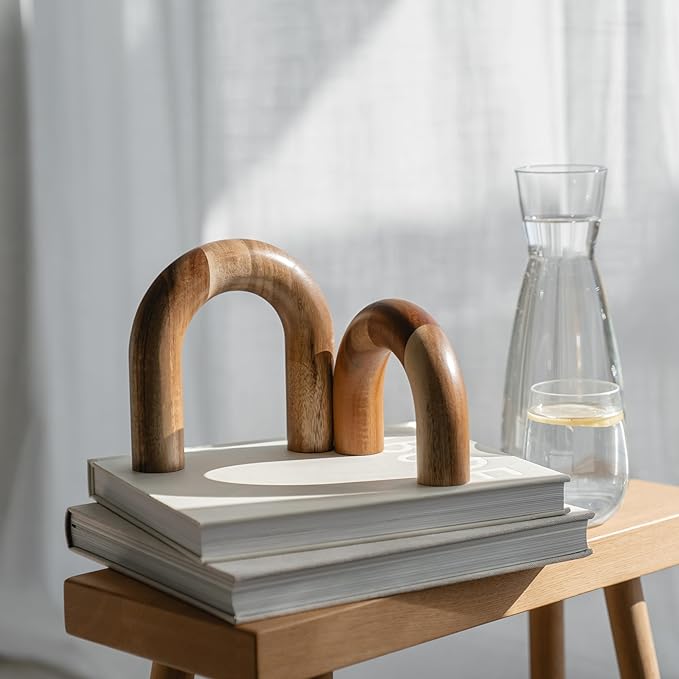 Wood Arch Bookshelf Decor - Modern Shelf Decor Accents, Decorative Objects for Coffee Table, Entryway Table Sculptures, Minimalist Home Decorations for TV Console, Built in Shelves and Mantle