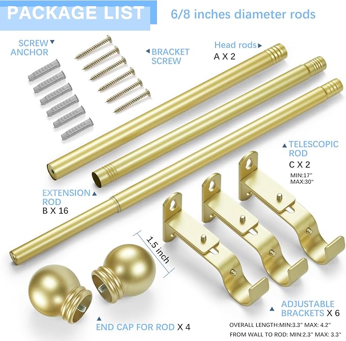 Curtain Rods for Windows 16 to 150 Inches, Curtain Rod Max Adjustable Length of 160 IN, 6/8" Diameter Drapery Rods Round Finials, Warm Gold, Pack of 2