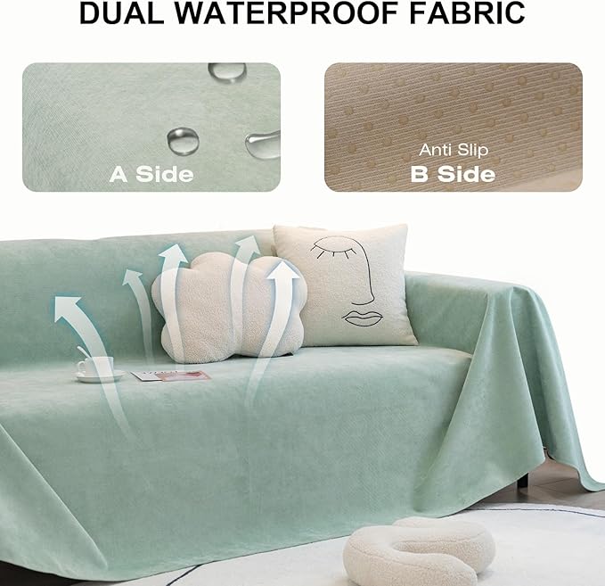 STACYPIK Light Green Waterproof Couch Cover, Anti-Scratch Resistant Sofa Cover for 3 Cushion Couch, Non-Slip Couch Covers for Sectional, Washable Furniture Protector for Kid Pet Dog Cat-71X134IN