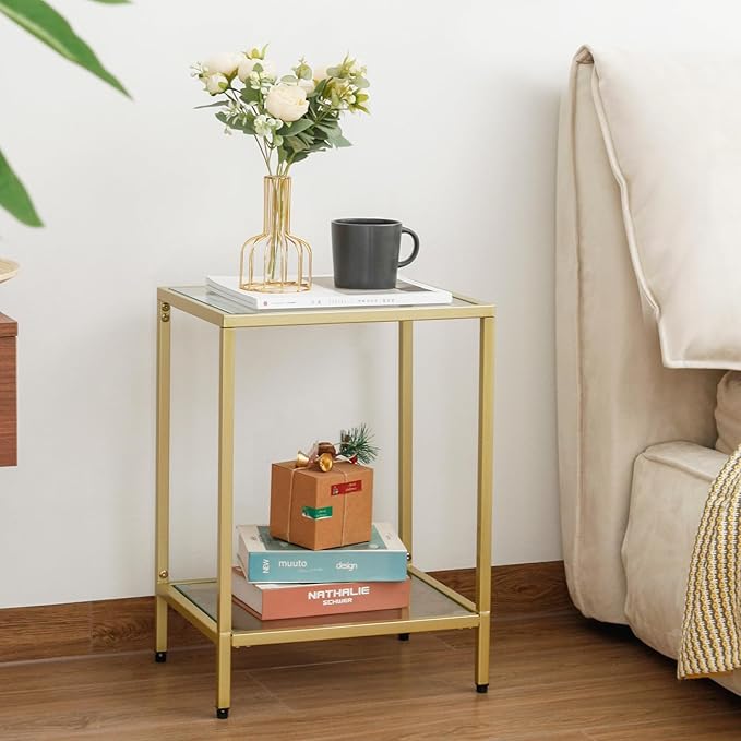 Modern 2-Tier Tempered Glass End Table - Stylish Black Metal Side Table for Small Spaces, Perfect for Living Room & Bedroom (Gold, 2PCS)