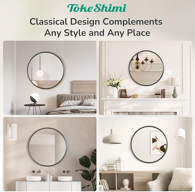 TokeShimi 36 in Round Black Mirror Framed for Over Sink Tempered, Shatterproof Round Mirror, 36x36 Circle Bathroom Vanity Mirrored Farmhouse for Entryway, Bedroom, Restroom, Vanity, Living Room